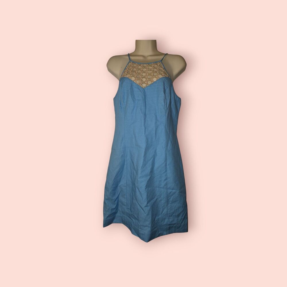 Lilly Pulitzer Larina Shift Mini Dress Sea Spray Blue Metallic Gold Size 6 Luxe